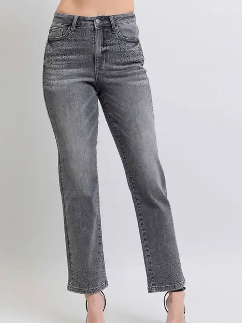Rhinestone Straight Leg Jean - Gray