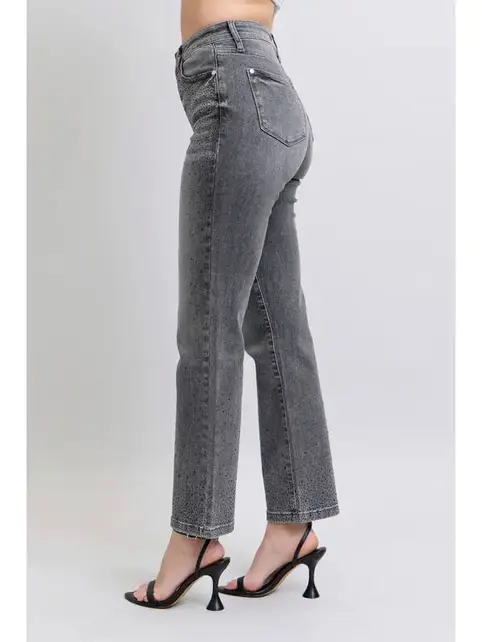 Rhinestone Straight Leg Jean - Gray