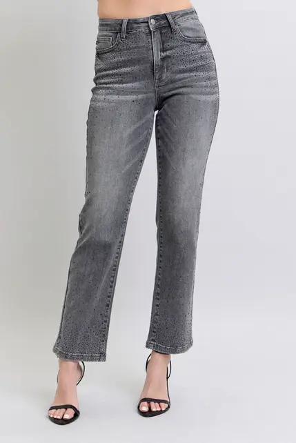 Rhinestone Straight Leg Jean - Gray