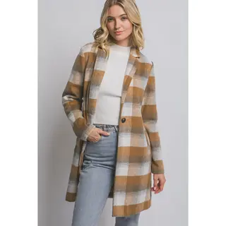 Jana Long Sleeve Plaid Coat - Camel