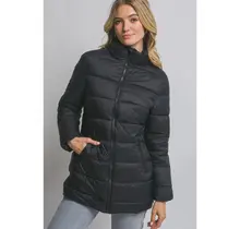 Long Quilted Puffer Jacket w/Pockets - Black