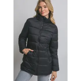Long Quilted Puffer Jacket w/Pockets - Black