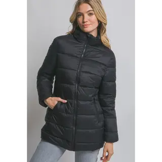 Long Quilted Puffer Jacket w/Pockets - Black