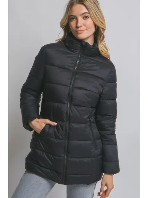 Long Quilted Puffer Jacket w/Pockets - Black