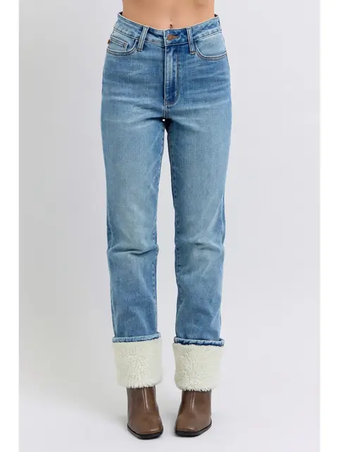 Connie High Waisted Shearling Cuff Straight Jeans