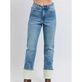 Connie High Waisted Shearling Cuff Straight Jeans