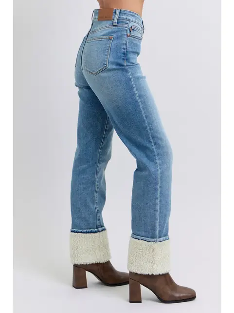 Connie High Waisted Shearling Cuff Straight Jeans