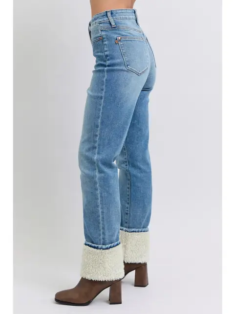 Connie High Waisted Shearling Cuff Straight Jeans