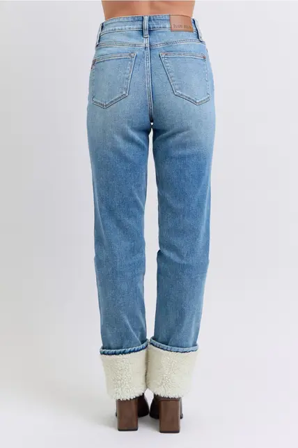 Connie High Waisted Shearling Cuff Straight Jeans