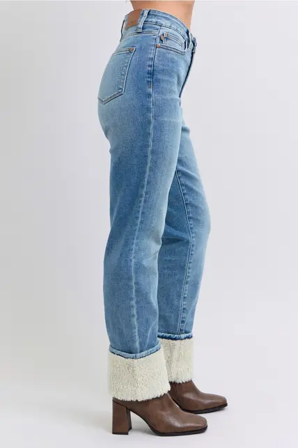 Connie High Waisted Shearling Cuff Straight Jeans