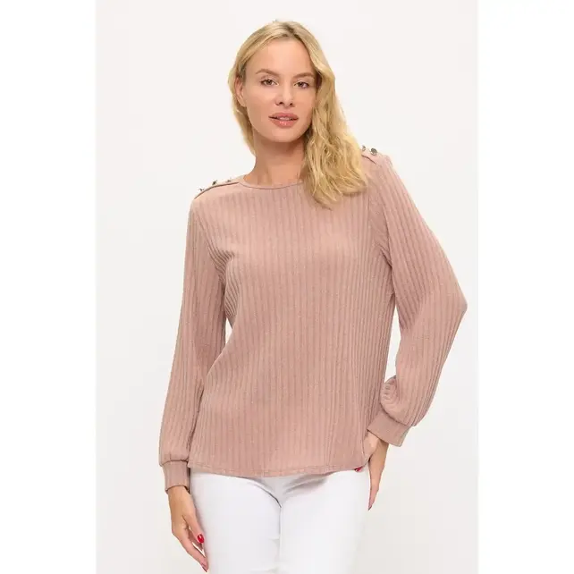 Miru Rib Button Shoulder Sweater- Taupe