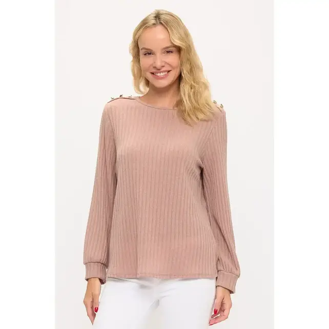 Miru Rib Button Shoulder Sweater- Taupe