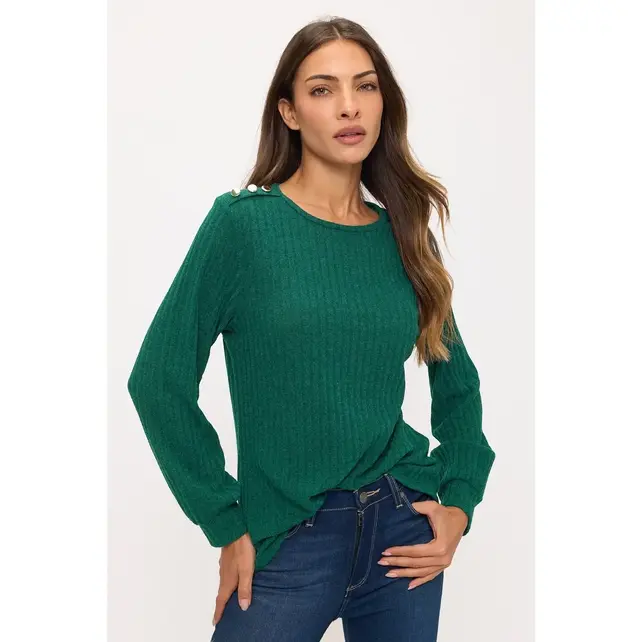 Miru Rib Button Shoulder Sweater - Rainforest Green