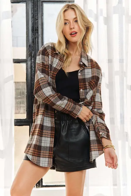 Rylee Plaid Button Down Shirt - Brown