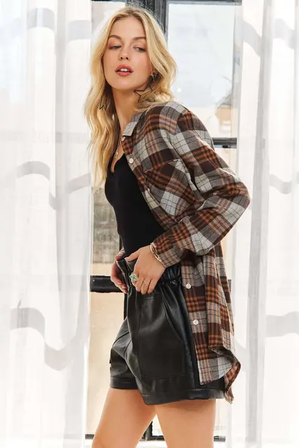 Rylee Plaid Button Down Shirt - Brown
