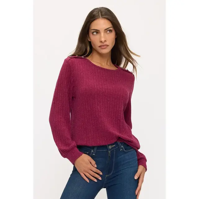 Miru Rib Button Shoulder Sweater - Raspberry
