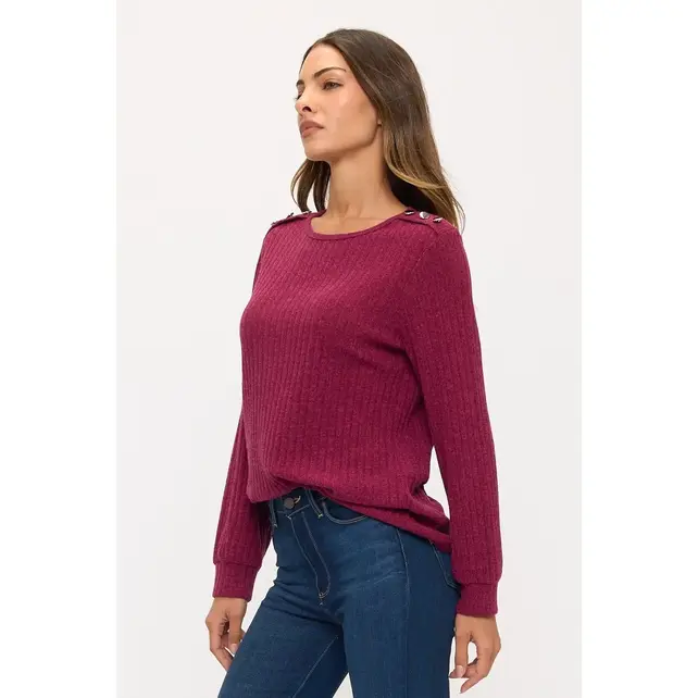 Miru Rib Button Shoulder Sweater - Raspberry