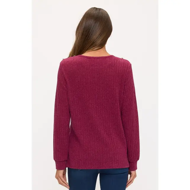 Miru Rib Button Shoulder Sweater - Raspberry