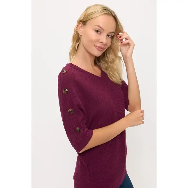 Mara Rib Knit Button Side Sweater - Beet Red