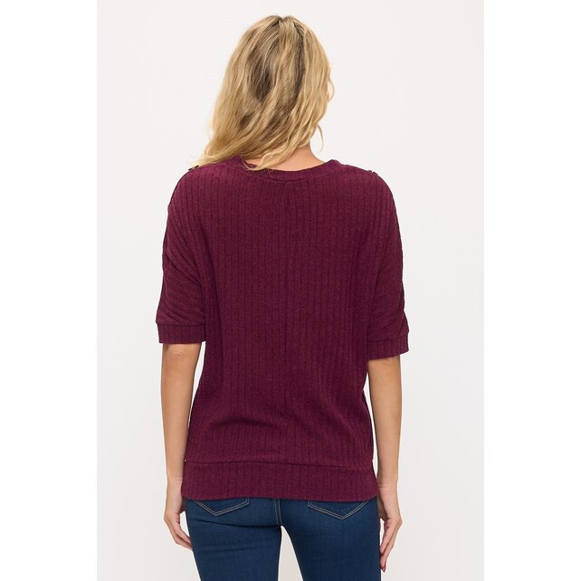 Mara Rib Knit Button Side Sweater - Beet Red