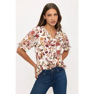 Floral Mix Ruffle Button Down Shirt - Ivory Brown