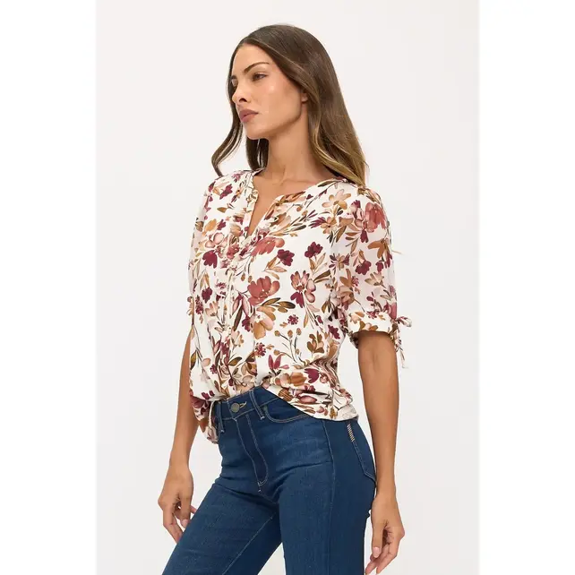 Floral Mix Ruffle Button Down Shirt - Ivory Brown