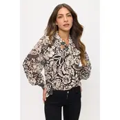 Floral Mix Bow Cuff Tie Neck Blouse - Black Ivory