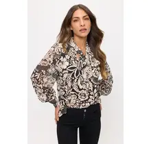 Floral Mix Bow Cuff Tie Neck Blouse - Black Ivory