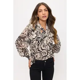 Floral Mix Bow Cuff Tie Neck Blouse - Black Ivory