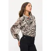 Floral Mix Bow Cuff Tie Neck Blouse - Black Ivory