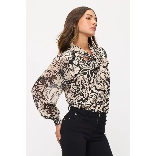 Floral Mix Bow Cuff Tie Neck Blouse - Black Ivory