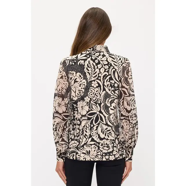 Floral Mix Bow Cuff Tie Neck Blouse - Black Ivory