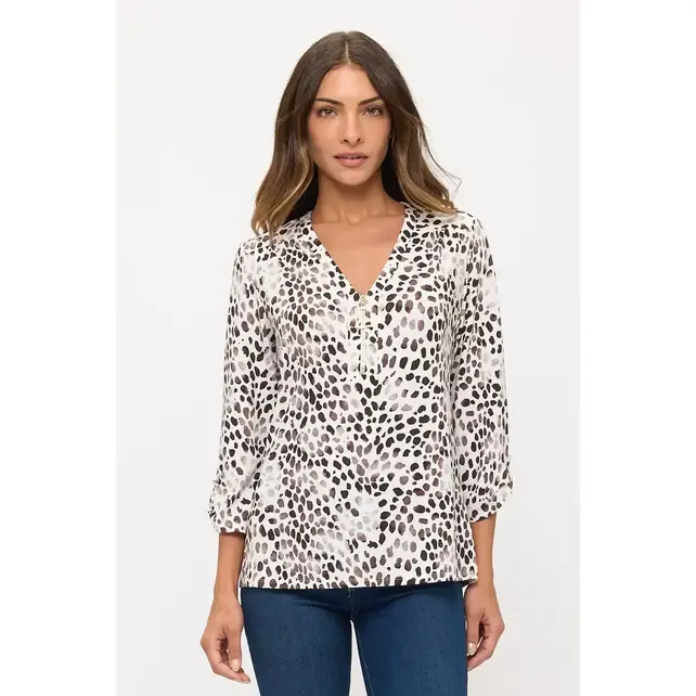 Dot Square Zipper Pull Roll Tab Shirt - Ivory Black