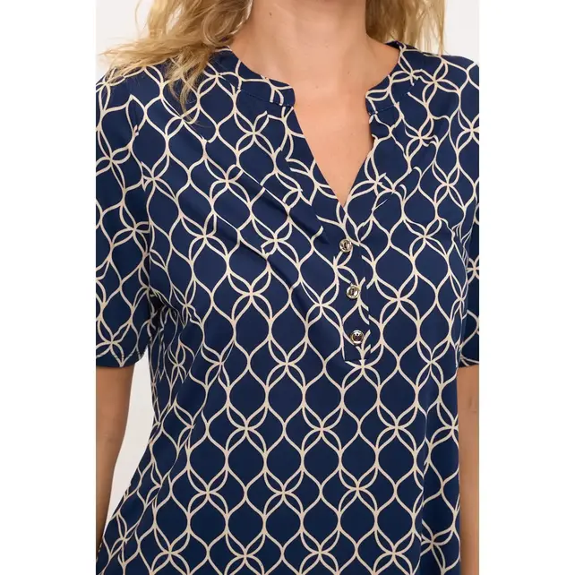 Jori Plaid Mandarin 1/2 Placket Shirt - Navy Taupe