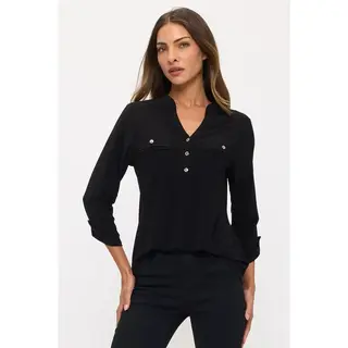 Ity Roll Tab Half Placket Mandarin Shirt - Black