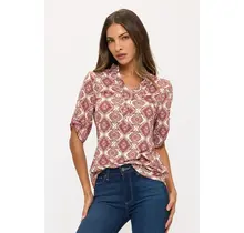 Floral Ity Mandarin Half Placket Roll Tab Shirt - Burgundy