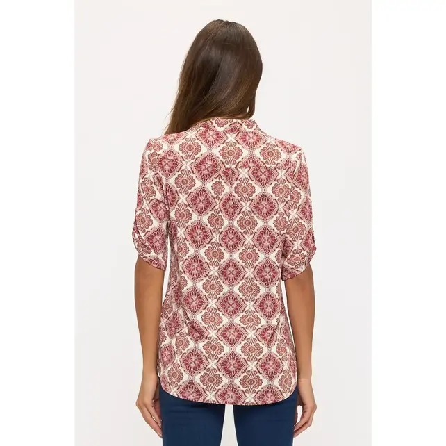 Floral Ity Mandarin Half Placket Roll Tab Shirt - Burgundy