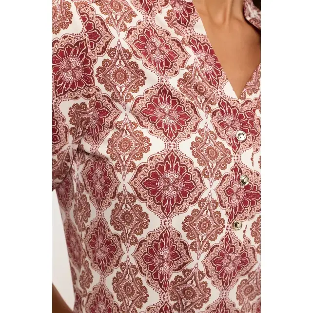 Floral Ity Mandarin Half Placket Roll Tab Shirt - Burgundy