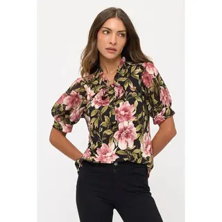 Floral Mix Media Tie Neck Peasant - Mauve Green