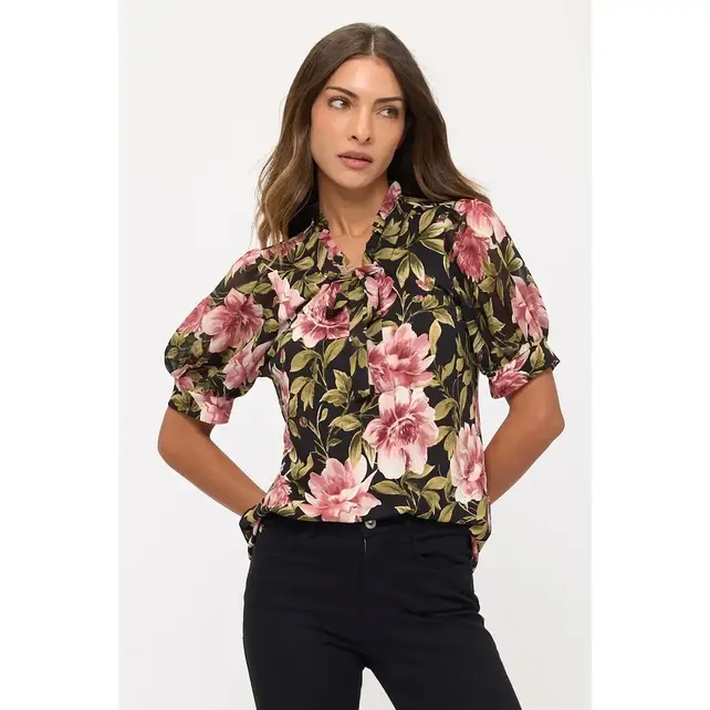 Floral Mix Media Tie Neck Peasant - Mauve Green