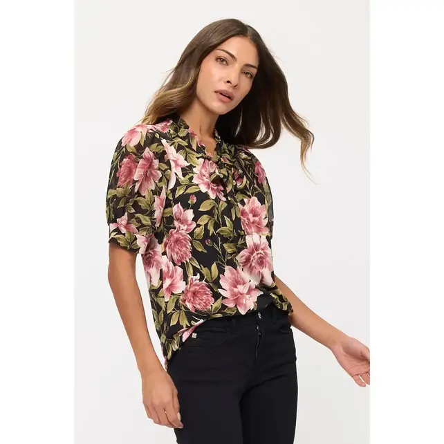 Floral Mix Media Tie Neck Peasant - Mauve Green