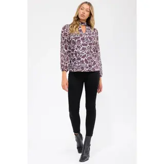 Floral Keyhole Balloon Mockneck Taupe Wine