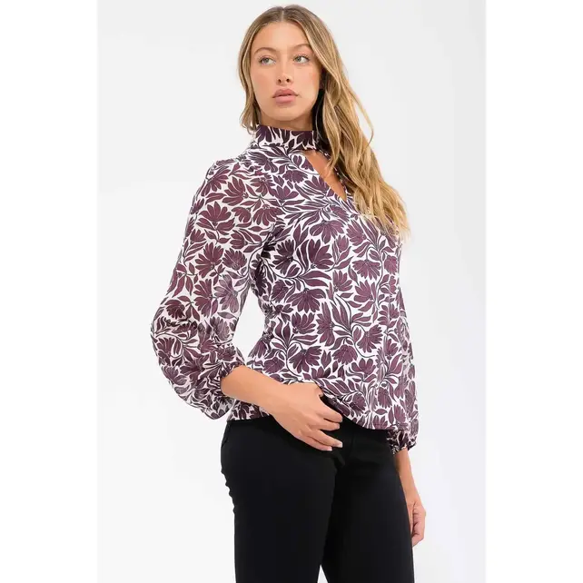 Floral Keyhole Balloon Mockneck Taupe Wine