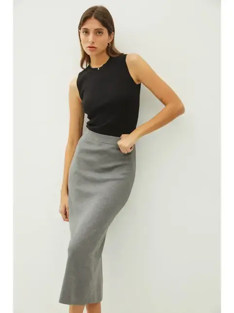 Kerra Knitted High Rise Midi Skirt- Grey Kerra Knitted High Rise Midi Skirt- Grey