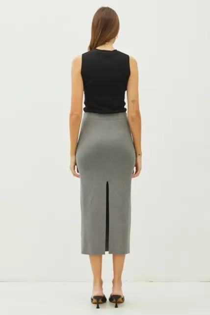 Kerra Knitted High Rise Midi Skirt- Grey Kerra Knitted High Rise Midi Skirt- Grey