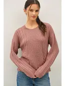 Jayne Cable Knit Crewneck Sweater- Red Bean