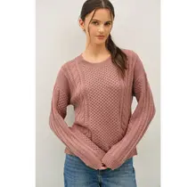 Jayne Cable Knit Crewneck Sweater- Red Bean