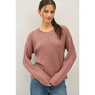 Jayne Cable Knit Crewneck Sweater- Red Bean