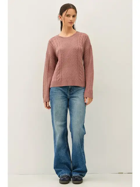 Jayne Cable Knit Crewneck Sweater- Red Bean