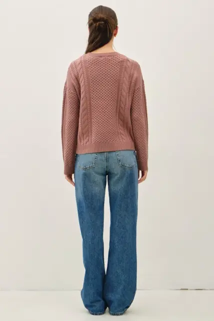 Jayne Cable Knit Crewneck Sweater- Red Bean